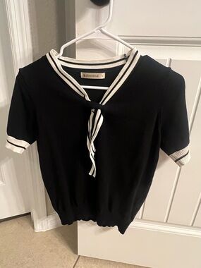Black Sailor Collar Knit Top with White Trim